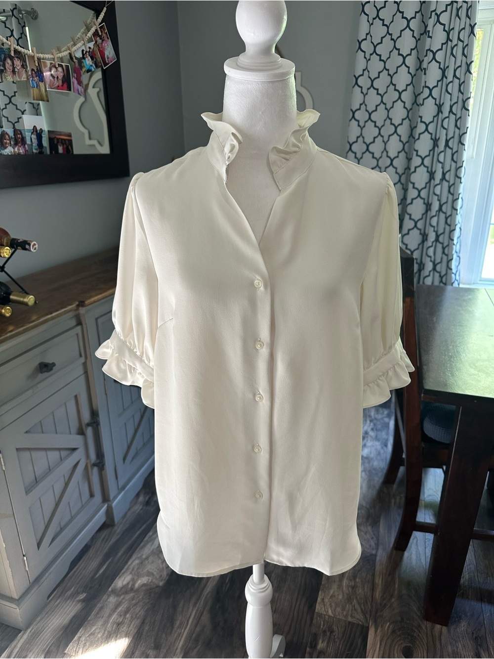 Ann Taylor Cream Ruffle-Trim Button-Front Blouse